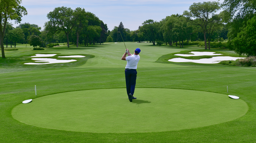 A golfer mid-swing on a tee surrounded by trees