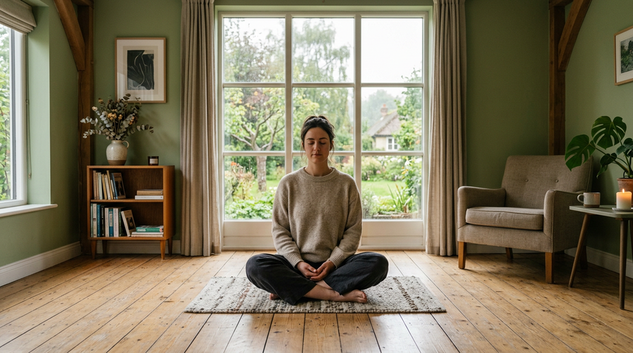 A woman meditating cross-legged on a rug by a tall window