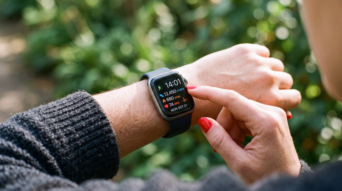 A hand touching a smartwatch showing a heart rate reading
