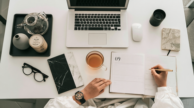 Overhead view of a tidy desk with a laptop, tea and a notebook being written in