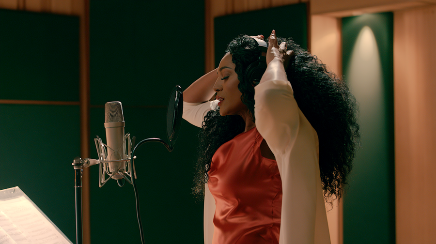 A singer with curly hair at a studio microphone, hands in her hair