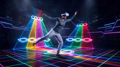 A man in a VR headset dancing on a neon grid with colorful light beams
