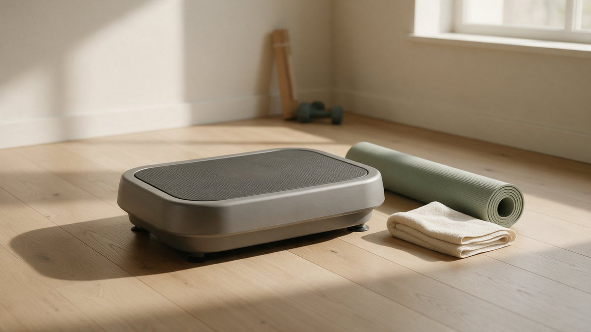 A plain vibration plate on a light wood floor beside a rolled yoga mat and a folded towel, in soft morning light