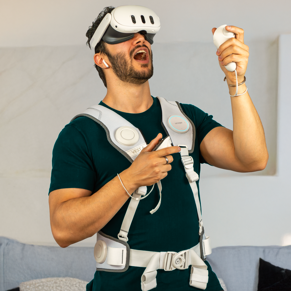 A person training in a VR headset while wearing Woojer